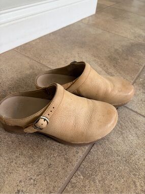 Dansko Tan Leather Clogs with Black Buckle Accent